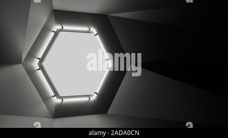 Abstract geometry lit by a neon white hexagonal lamp. Soft shadows. 3D illustration. The vanishing point of the wall geometry in the center of the ima Stock Photo