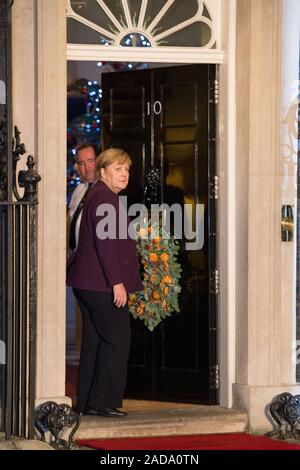 London, UK. 3 December 2019.  Pictured: Angela Merkel - Chancellor of Germany. Boris Johnson, UK Prime Minister hosts a reception with foreign leaders ahead of the NATO (North Atlantic Treaty Organisation) meeting on the 4th December. Credit: Colin Fisher/Alamy Live News. Stock Photo