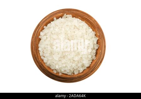 Salt in a clay cup isolated on a white background. View from above. Salt on isolate. Stock Photo