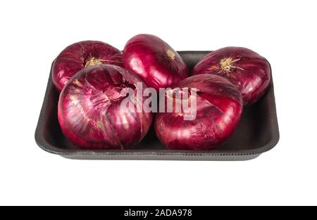 Red onion on plastic packaging isolated on white Stock Photo
