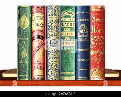 Books with bookends on shelf Stock Photo