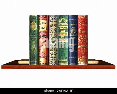 Books with bookends on shelf Stock Photo