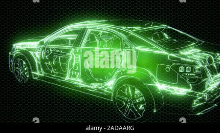 Holographic animation of 3D wireframe car model with engine Stock Photo