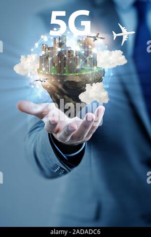 Concept of 5g technology with floating island Stock Photo