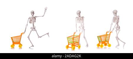 Skeleton with shopping cart trolley isolated on white Stock Photo