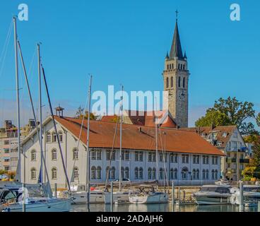 Harbour with museum 'Altes Zollhaus' and parish church St. Johannes, Romanshorn, Switzerland