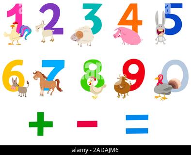 numbers set with cute farm animals Stock Photo