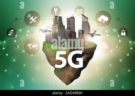 Concept of 5g technology with floating island Stock Photo