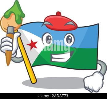 Cheerful flag djibouti Artist cartoon character with brush Stock Vector