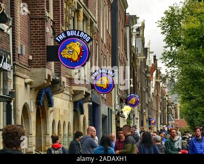 Amsterdam, Holland, August 201. One of the historic coffee shops in the central red-light district: the bulldog. Colored signs with mastin from the ba Stock Photo