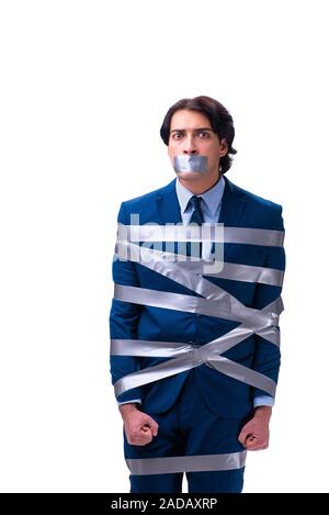 Tied employee with tape on mouth isolated on white Stock Photo