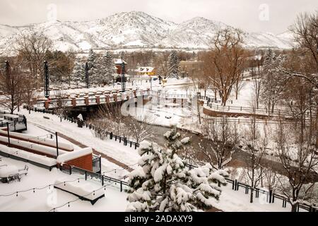 A winter wonderland landscape - Washington Avenue Bridge over Clear Creek in Golden, Colorado, USA Stock Photo