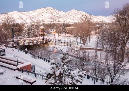 A winter wonderland landscape - Washington Avenue Bridge over Clear Creek in Golden, Colorado, USA Stock Photo