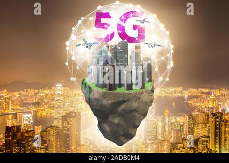 Concept of 5g technology with floating island Stock Photo