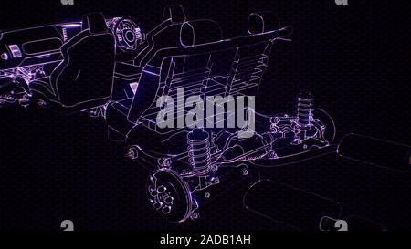 Holographic animation of 3D wireframe car model with engine Stock Photo