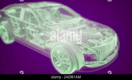 Holographic animation of 3D wireframe car model with engine Stock Photo