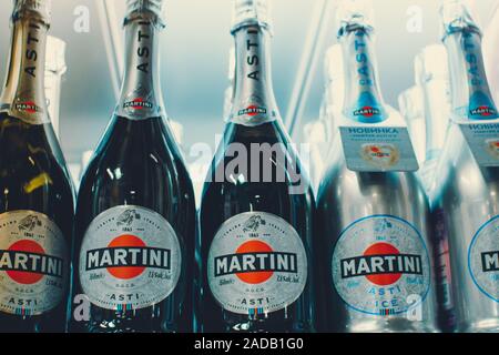 Tyumen, Russia-avg 25, 2019: Products of hypermarket sale Martini beverages in the store metro cash and carry. Martini alcohol sale in store Stock Photo