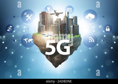 Concept of 5g technology with floating island Stock Photo