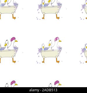 Three ducks in a tub, whimsical, seamless repeat pattern, vector, surface pattern design Stock Vector