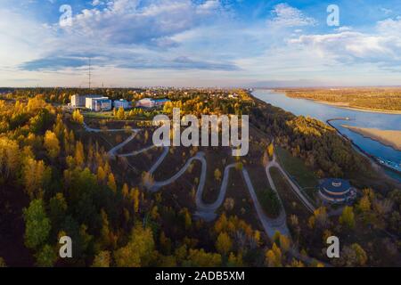 Aerial top vew of winding road in the city Stock Photo