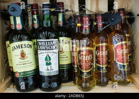 Tyumen, Russia-August 27, 2019: strong alcohol close up selling whiskey in hypermarkets Stock Photo