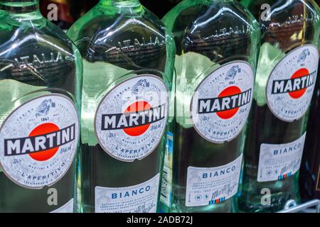 Tyumen, Russia-August 27, 2019: Vermouth Martini Bianco on the shelves of the hypermarket Metro sale of alcoholic beverages Stock Photo