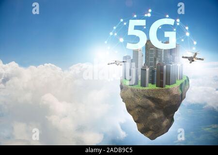 Concept of 5g technology with floating island Stock Photo