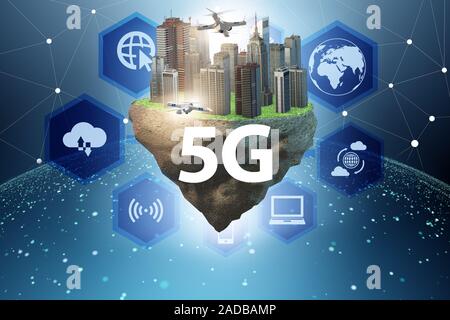 Concept of 5g technology with floating island Stock Photo