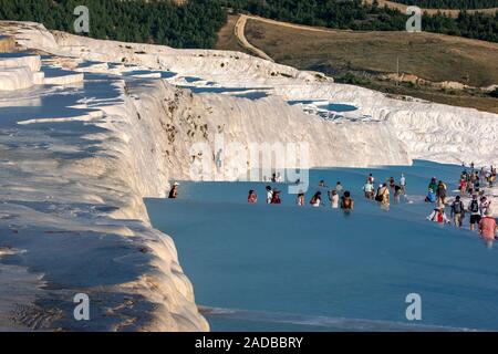 An incredible view as calcium rich spring water flows over the travertines, otherwise known as Cotton Castle, at Pamukkale in Turkey. Stock Photo