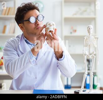 Crazy doctor studying human skeleton Stock Photo