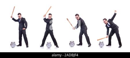 Man hitting the clock with baseball bat isolated on the white Stock Photo