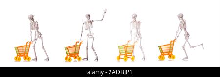 Skeleton with shopping cart trolley isolated on white Stock Photo