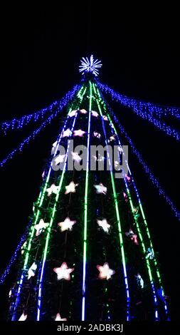 Natural fir tree with colorful Christmas decorations LED strip light against night sky. Selective focus Stock Photo