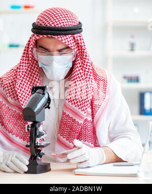 Arab doctor chemist studying new virus in lab Stock Photo
