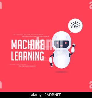 White friendly android robot with brain icon in speech bubble. AI Machine learning concept. Stock Vector