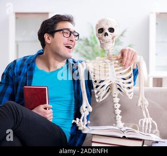 Student studying with skeleton preparing for exams Stock Photo