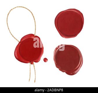 Set of red wax seals isolated on white background. Empty red stamp with rope. Stock Photo