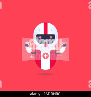 Medical friendly android robot with HUD interface screen. Cute and smile AI robot. Stock Vector