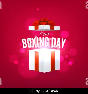 Happy Boxing day with open gift box on red background. Stock Vector