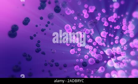 Abstract 3d rendering pink and purple flying spheres. Flying particles in empty space. Futuristic background lying particles in empty space. Dynamic shape. Futuristic background.
