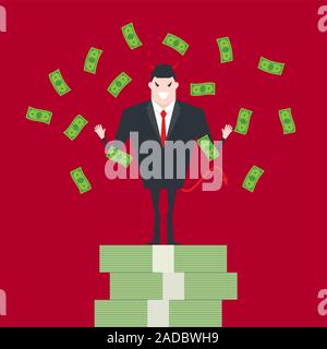 Devil businessman standing on growth money stairs. Stock Vector