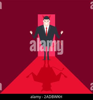 Devil businessman walk into the office. Satan is boss of hell. Lucifer in business. Stock Vector