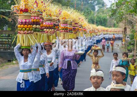Procession of traditionally dressed women carrying temple offerings or gebogans on their head on the island Bali, Indonesia. Stock Photo