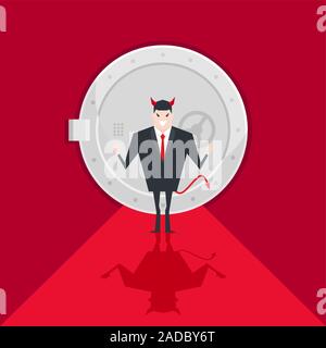 Devil businessman standing in front of a safe door. Stock Vector