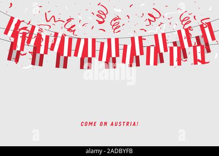 Austria garland flag with confetti on gray background, Hang bunting for Austria celebration template banner. Stock Vector