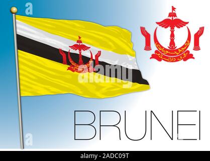 Brunei sultanate official flag and coat of arms, vector illustration Stock Vector