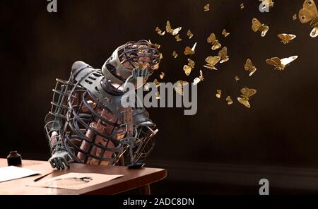 Robot dreams. Conceptual image of a mechanical figure with butterflies emerging from its head, representing the dreams of a robot with artificial inte Stock Photo