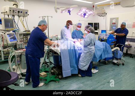 Intestinal surgery. Surgical team operating to remove part of a patient's intestines. The team includes a specialist in colorectal cancer surgery. Pho Stock Photo
