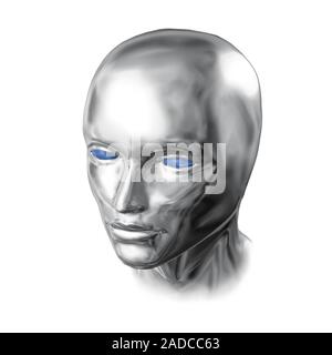 Silver liquid face of robo woman isolated Stock Photo