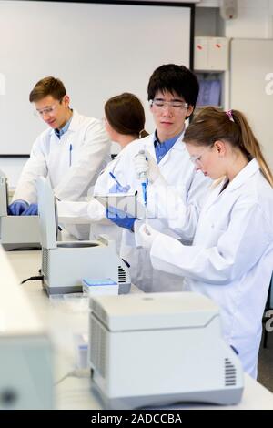 Chemistry students in an undergraduate teaching laboratory putting samples into eppendorf tubes and loading them into centrifuges Stock Photo